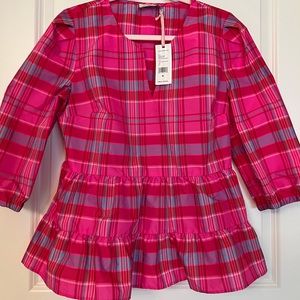 NWT Vineyard Vines Pink Silk Blouse. Taffeta Party Plaid Tiered Top